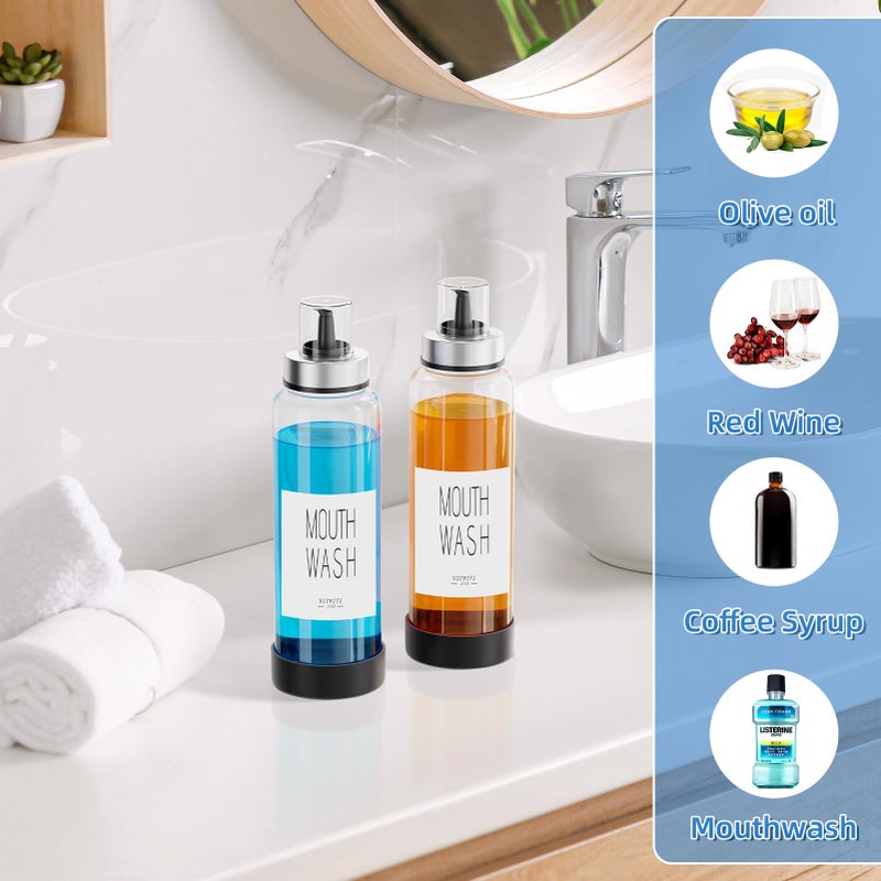 VITVITI Mouthwash Dispenser for Bathroom, Glass Mouth Wash Container with Cup Lid, 17OZ Clear Refillable Mouthwash Bottle Decanter with Silicone Pad/Labels, Set of 2 - Image 3